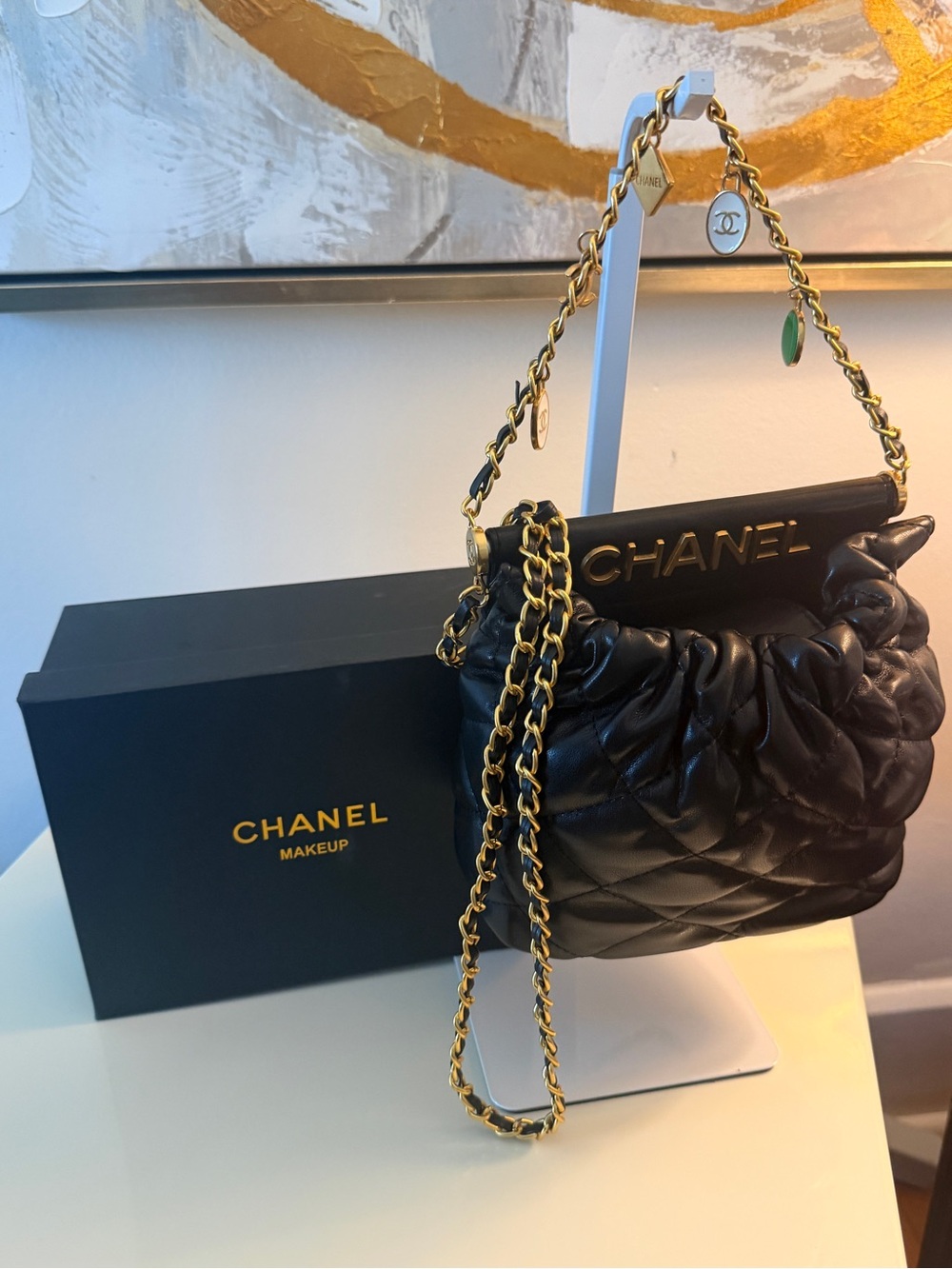Chanel Beauty GWP Black Quilted Cosmetic Bag Chain With Charms original Box New - Picture 7 of 16